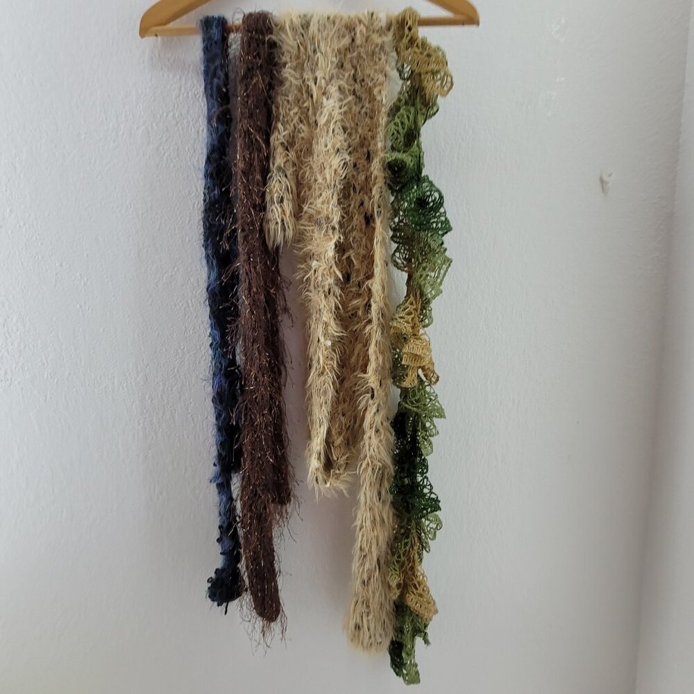 Vintage 80s 90s Skinny Scarf Wrap Lot 52-88" Fuzzy Crochet Sparkle Lace Scarves